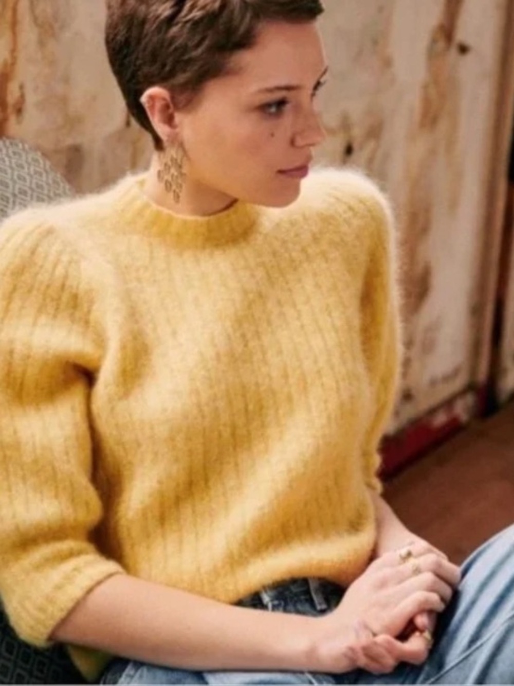 Sezane Canary Yellow Mohair & Wool Ribbed Crewneck Sweater